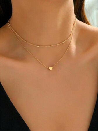 Set de 2 collares con colgante de corazón de doble capa, collar minimalista de corazón con tono dorado, ajustable, adecuado para uso diario y laboral de mujeres, regalo para San Valentín, mamá, madre, Día de la Madre