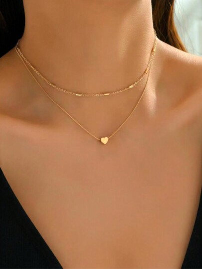 1 pieza Collar con colgante de corazón de doble capa de moda, collar de corazón dorado minimalista, tamaño ajustable, adecuado para uso diario de mujeres