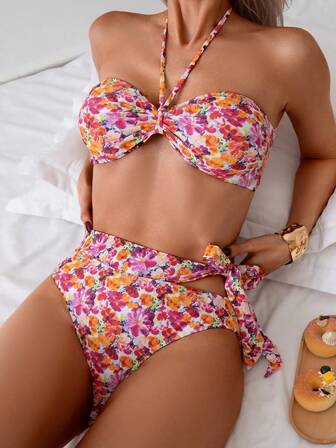 Ditsy Floral 女士比基尼泳装套装，适合夏季海滩度假