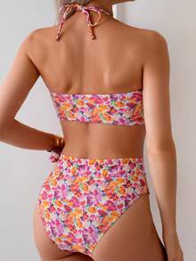 Detaillierter Blumen Damen Bikini Badeanzug Set, für Sommer Strandurlaub - Verschiedenfarbig - Übersicht 3