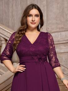 加大 V 领花卉蕾丝撞色雪纺贴花腰部正式派对长裙、秋季连衣裙、优雅舞会婚礼宾客礼服，适合生日、毕业典礼、返校节、晚宴、节日