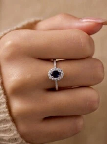 1pc Sterling S925 Silver Luxury Elegant Fashion Charming Sparking Geometric Oval Dark Blue Zirconia Finger Ring For Women Couple Party Wedding Engagement Statement Jewelry Gift Valentines