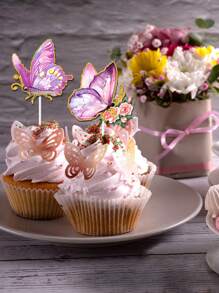 48 件蝴蝶纸杯蛋糕装饰，纸蝴蝶套装紫色彩色蛋糕装饰，彩色蝴蝶纸杯蛋糕装饰，适用于婚礼生日周年纪念花卉主题派对装饰