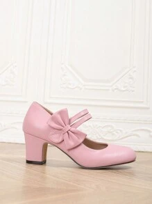 Women's Elegant Bowknot Decor Round Toe Chunky Heel Mary Jane Shoes, Magic Tape Closure For Easy Wearing, Suitable For Party/Wedding/Business Etiquette, All Season Single Shoes/Pink High Heels/Vacation/Ballet Flats