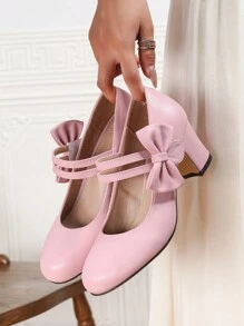 Women's Elegant Bowknot Decor Round Toe Chunky Heel Mary Jane Shoes, Magic Tape Closure For Easy Wearing, Suitable For Party/Wedding/Business Etiquette, All Season Single Shoes/Pink High Heels/Vacation/Ballet Flats