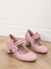 Women's Elegant Bowknot Decor Round Toe Chunky Heel Mary Jane Shoes, Magic Tape Closure For Easy Wearing, Suitable For Party/Wedding/Business Etiquette, All Season Single Shoes/Pink High Heels/Vacation/Ballet Flats