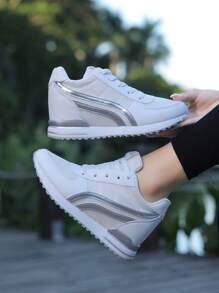 Fall/Winter Women's Breathable Mesh Sneakers - Casual Lace-Up, Height-Boosting Platform Shoes With Air Cushion Comfort For All Seasons - White - View 10