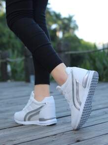 Fall/Winter Women's Breathable Mesh Sneakers - Casual Lace-Up, Height-Boosting Platform Shoes With Air Cushion Comfort For All Seasons - White - View 7