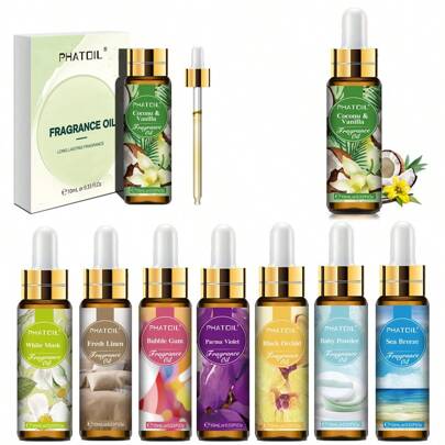 1瓶10毫升/0.33液盎司香氛精油，水果香型精油，带滴管，适用于香薰机、加湿器、DIY香水、肥皂和蜡烛制作，口味包括椰子香草泡泡糖、海风、帕尔马紫罗兰、橙花、小苍兰、棉花糖、苹果、芒果、草莓、樱桃、椰子、荔枝、桃子、菠萝。