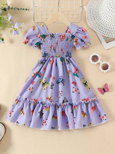 Young Girl European & American Style Girl Casual Butterfly Print Dress, Short Sleeve Summer Outdoor Vacation Lightweight Princess Dress