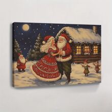 1pc Framed Canvas Wall Art Poster Print Santa And Mrs. Claus Dancing By Cabin Canvas Classic Oil Painting Art Home Decor For Living Room, Bedroom, Office