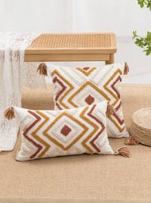 1pc/2pcs Geometric Rhombus Pattern Throw Pillow Case, Canvas & Chenille Material With Tassels, Bohemian And Modern Style For Bedroom, Living Room, Sofa, Car, All Season Use, 30*50cm, 45*45cm
