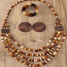 Coffee Color Wood Bead Multi-Layer Necklace And Earrings Set - Mixed Coffee Color - View 7