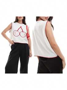 Women's Ribbed Knit Sweater Vest Cherry/Lobster Contrast Color Sleeveless Crew Neck Tank Tops - White - View 7