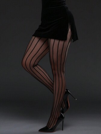 1pc Plus Size High Elasticity Vertical Striped Watermelon Pattern Fishnet Tights, Women Fashion Seamless Pantyhose, Sexy Black Mesh Stockings For Festive Outfits