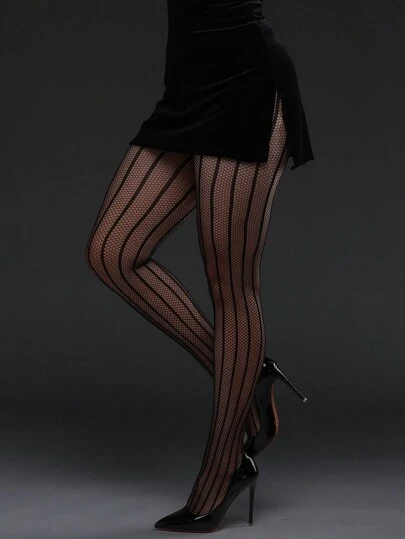 [DazzleLegs]1件装大码高弹力竖条纹西瓜图案渔网袜，女士时尚无痕连裤袜，性感黑色网眼丝袜，适合节日装扮