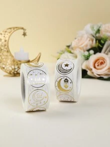 500pcs/Roll Eid Mubarak Gift Labels Stickers, White & Gold Round Paper Tags Decorated With Ramadan Lantern, Moon And Star Patterns, Suitable For Ramadan Eid Gift Packaging, Eid Gift Bag Decoration, Ramadan Party Decoration, Eid Decoration, Ramadan 2026 Decoration, Ramadan Eid Party Gift Packaging Supplies, Ramadan Gifts, Islamic Ramadan Decorative Paper Stickers - White Gold Eid - View 2