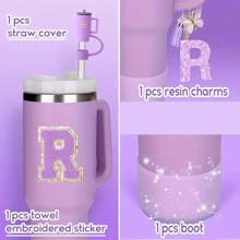 4件套A-Z杯子配件套装（30-40盎司） - 包括：1个吸管盖、1个字母挂饰、1个亮面硅胶杯底保护垫、1个杯子字母贴纸 - 紫色 - 查看 5