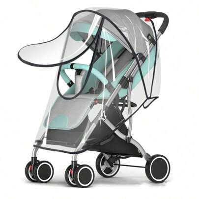 1pc Baby Stroller Rain Cover, Windproof Carriage Cover With Zipper, Transparent EVA Rain Poncho
