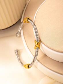 1 件时尚不锈钢 18K 镀金女士混合金属袖口手镯 - 扭曲可堆叠，适合日常和特殊场合，理想的礼物