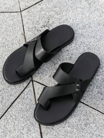 男士户外派对商务休闲一脚蹬露趾透气纯色高端时尚百搭平底凉鞋