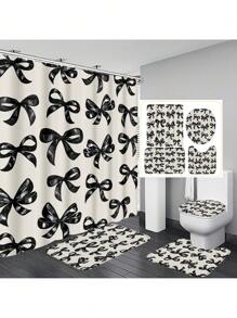 1pc/4pcs Black Bow Functional Bathroom Decor Set: Waterproof Shower Curtain With 12 Hooks, Anti-Slip Bath Mat, U-Shaped Toilet Mat, Round Toilet Lid Cover, All-Scene Bathroom Set Fall Decor Bathroom Accessories Back To School