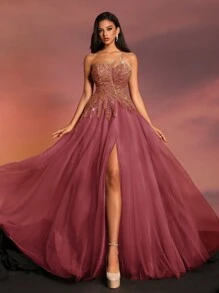 VIPGIRL 不对称领口亮片装饰长款正式礼服，派对礼服，婚礼宾客礼服，晚礼服，春季优雅长裙 - 紅色 - 查看 6