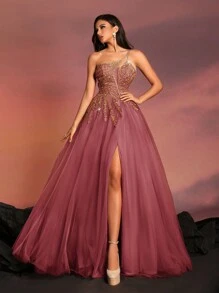 VIPGIRL 不对称领口亮片装饰长款正式礼服，派对礼服，婚礼宾客礼服，晚礼服，春季优雅长裙 - 紅色 - 查看 8