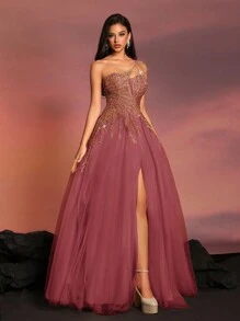 VIPGIRL 不对称领口亮片装饰长款正式礼服，派对礼服，婚礼宾客礼服，晚礼服，春季优雅长裙 - 紅色 - 查看 7