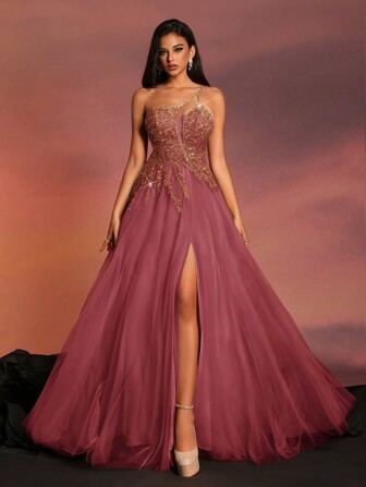  VIPGIRL Asymmetrisk halsringning paljettutsmyckad lång formell klänning, festklänning, bröllopsklänning, aftonklänning, klänning