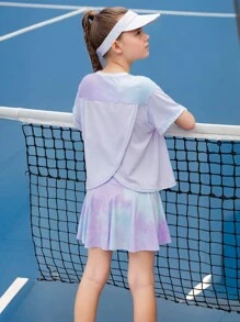 Tie-Dye Crew Neck Short Sleeve Sport Casual Curved Hem T-Shirt & Half Slip Skirt Set For Girls - Mauve Purple - View 1