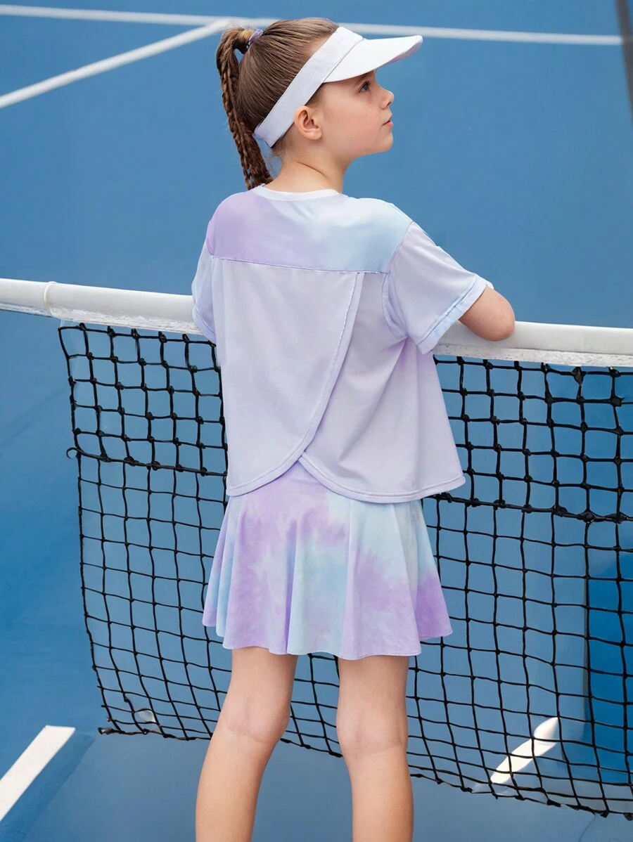 Tie-Dye Crew Neck Short Sleeve Sport Casual Curved Hem T-Shirt & Half Slip Skirt Set For Girls - Mauve Purple - View 1