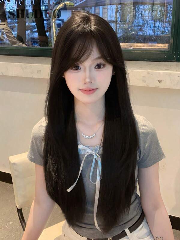 1 Piece Synthetic Heat Resistant Straight Hair Wig Black Brown, Center Split Ends Wig, 26" Long, Made Of Fiber For Daily Use, Natural Realistic Wig (Accessories Not Included)