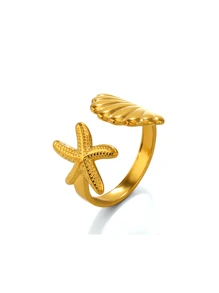 3pcs 18K Gold Plated Stainless Steel Adjustable Ring With Shell And Starfish Design, Gift Set - 3-piece Set No. 1 - View 8