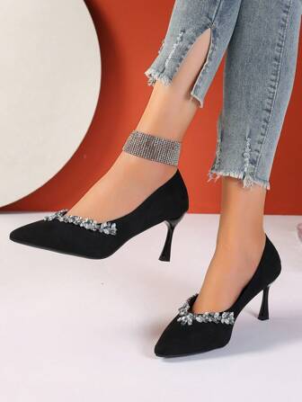 高跟鞋 女式法式高跟鞋 2025 新款，镶有水钻，细跟设计，小巧舒适，穿起来不累脚 黑色高跟鞋