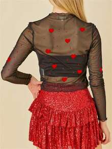 Women's Spring Slim Mesh Tops Long Sleeve Round Neck Heart/Lip/Bow Print  Blouse - Black - View 8