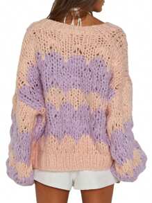 Women Sweaters, Contrast Color/ Solid Color Long Sleeve Loose Knitted Cardigan For Fall Winter, S/M/L - Purple - View 5