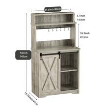 Farmhouse Coffee Bar Cabinet With 3 Tie Storage Hutch, 56 Inch Coffee Bar With 6 Hooks, White Small Coffee Station With Sliding Barn Door, Coffee Bar Table With Adjustable Shelves For Living Dining Room - Grey - View 3