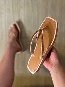 Kit 2 Pares Chinelo Feminino Quadrado Bicolor Correias Com Nó De Strass Aplique Pedraria Casual Macio Lançamento 2025 - Branco e Rosa - Visão 2