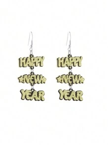 1 对儿童新年快乐字母金色/银色闪光吊坠简约时尚耳环，2025 新年派对佩戴精选 - 1對新年細閃吊墜耳環 - 查看 7