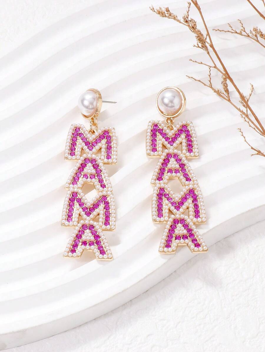 juran 1 对珍珠字母“MAMA”耳环，母亲节礼物 - 玫紅色 - 查看 1