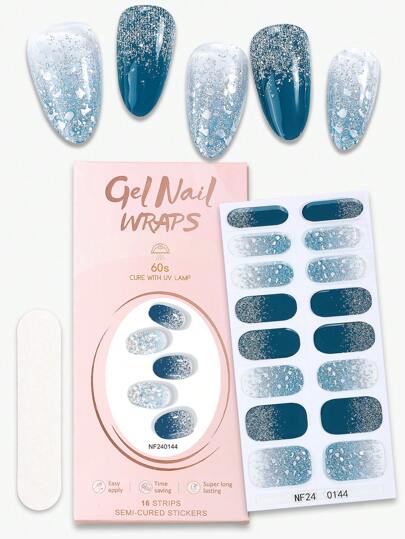 Beauty Sticker 16pcs Semi-Cure Gel Nail Strips, Blue Nails Glitter 3D Self-Adhesive Nail Full Wraps, Suitable For Any UV Lamps, Glossy And Translucent, Suitable For Ladies DIY Gel Nail Art Stickers