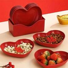 1/6pcs Plastic Heart Shaped Dinner Plate Set - Red Heart Themed Fruit, Snacks & Candy Plate, Suitable For Kitchen, Dormitory, Wedding And Other Occasions,School Supplies