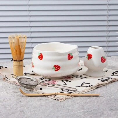 1 套日式抹茶茶具套装，包含可爱的草莓抹茶碗和抹茶搅拌器，宋代搅拌工具套装，适合制作抹茶拿铁，适合抹茶爱好者返校礼物