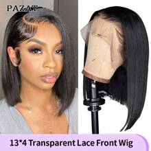 PAZAT 13x4 Bob 直发透明蕾丝前部真人发假发 180% 密度 16 英寸自然黑色自然发际线短 Bob 假发 女士 - 黑色 - 查看 1