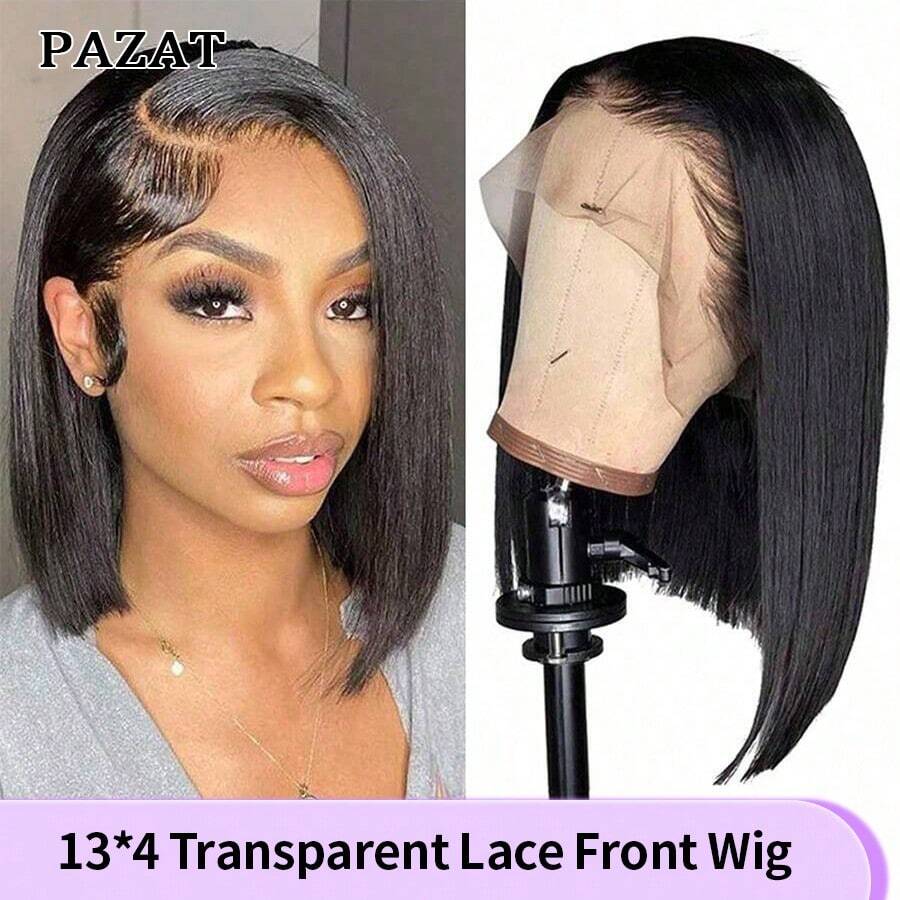 PAZAT 13x4 Bob 直发透明蕾丝前部真人发假发 180% 密度 16 英寸自然黑色自然发际线短 Bob 假发 女士 - 黑色 - 查看 1