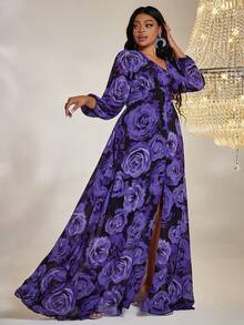 Plus Size V-Neck Long Sleeve Allover Print Minimalist Long Dress - Purple - View 4