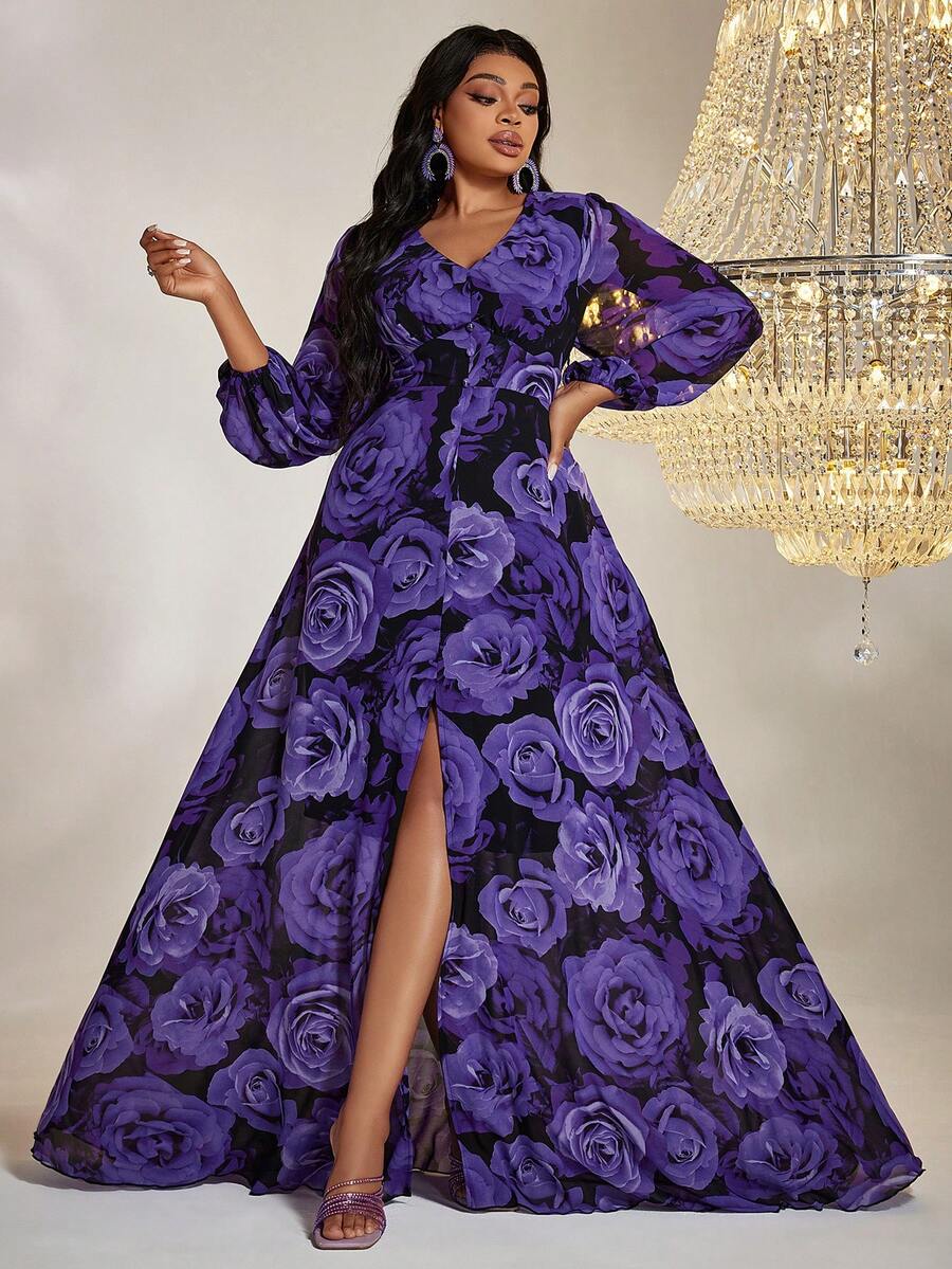 Plus Size V-Neck Long Sleeve Allover Print Minimalist Long Dress - Purple - View 1