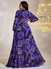 Plus Size V-Neck Long Sleeve Allover Print Minimalist Long Dress - Purple - View 2