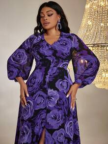 Plus Size V-Neck Long Sleeve Allover Print Minimalist Long Dress - Purple - View 6